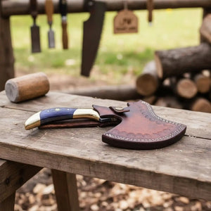 Hand-Forged Damascus Bearded Hatchet with Purple wood and brass Handle by JW SteelCrafts, Southern lifestyle apparel detail photo 2