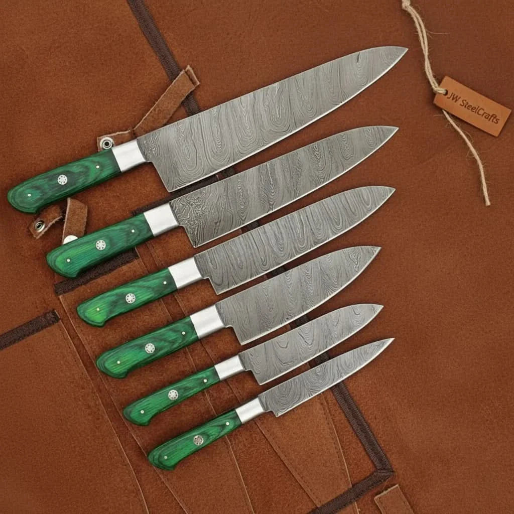 6-Piece Handmade Damascus Steel Kitchen Knife Set, Green Wood Handle, Professional Chef Culinary by JW SteelCrafts, Damascus knife detail photo 4