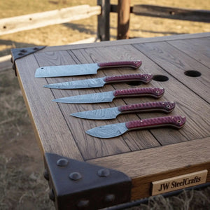 6-Piece Damascus Knife Set with Red Wood Handles and Brass Pins detail view by JW SteelCrafts