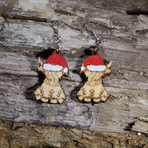 Christmas Highland Cow Wooden Earrings | Cute Farm Animal Jewelry by Cate's Concepts, LLC