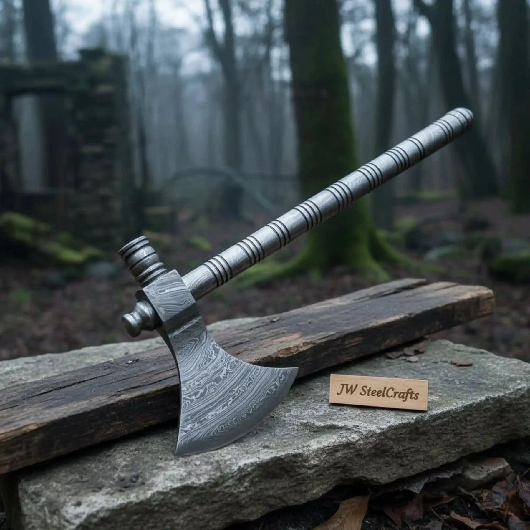 Damascus Steel Smoking Pipe Axe – Hand Forged Functional Pipe Tomahawk with Carved Hardwood Handle | JW SteelCrafts by JW SteelCrafts, Southern lifestyle apparel detail photo 4