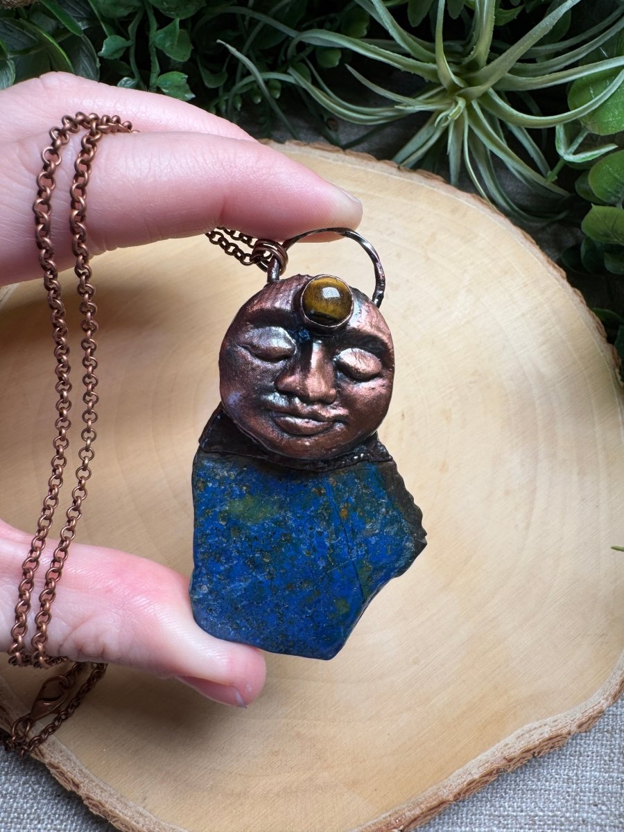Holly- Tigers Eye and Chrysocolla Goddess Necklace detail view by Copper Ashes