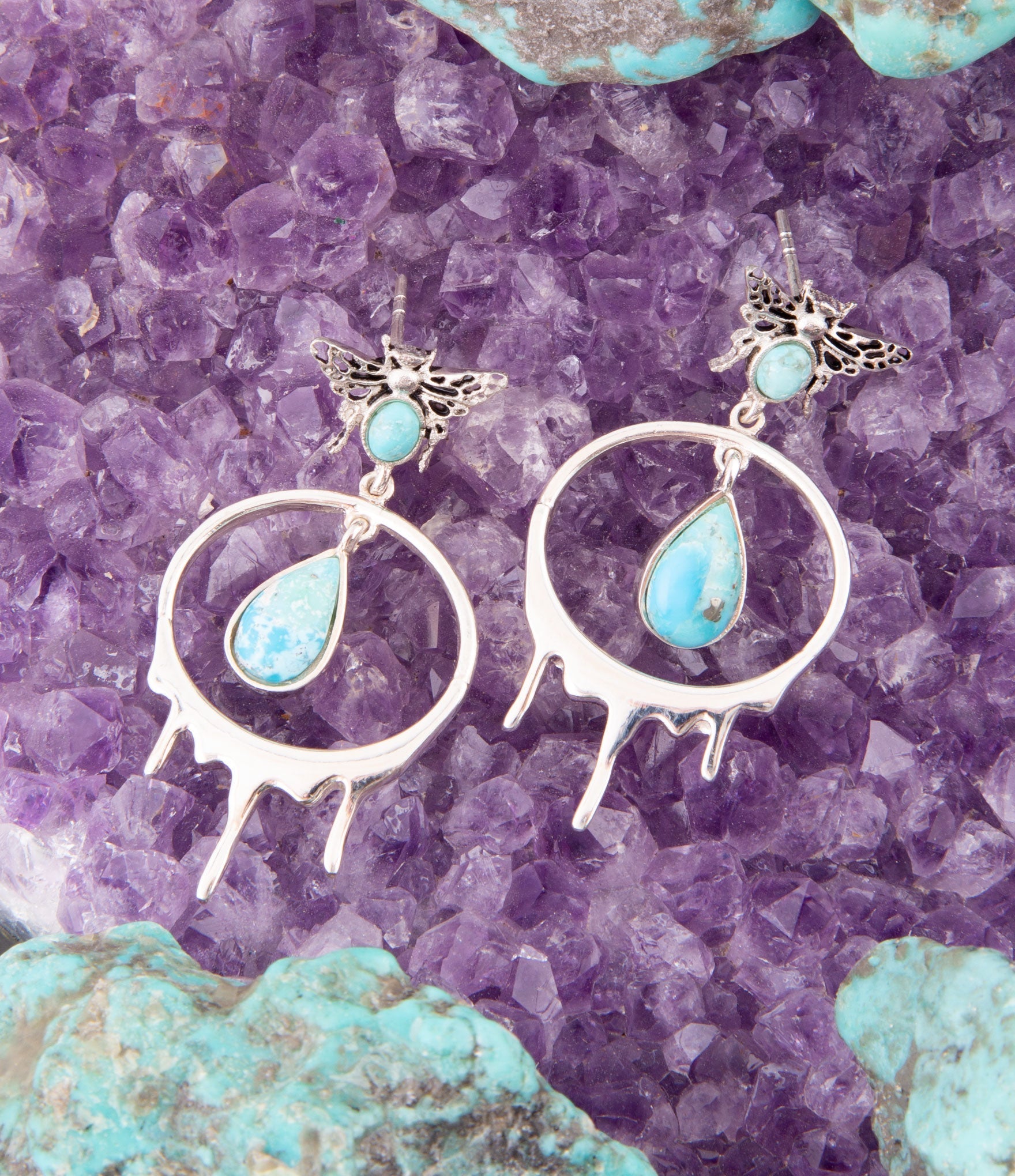 Honey Blue Turquoise Sterling Silver Drop Earrings detail view by Barse Jewelry