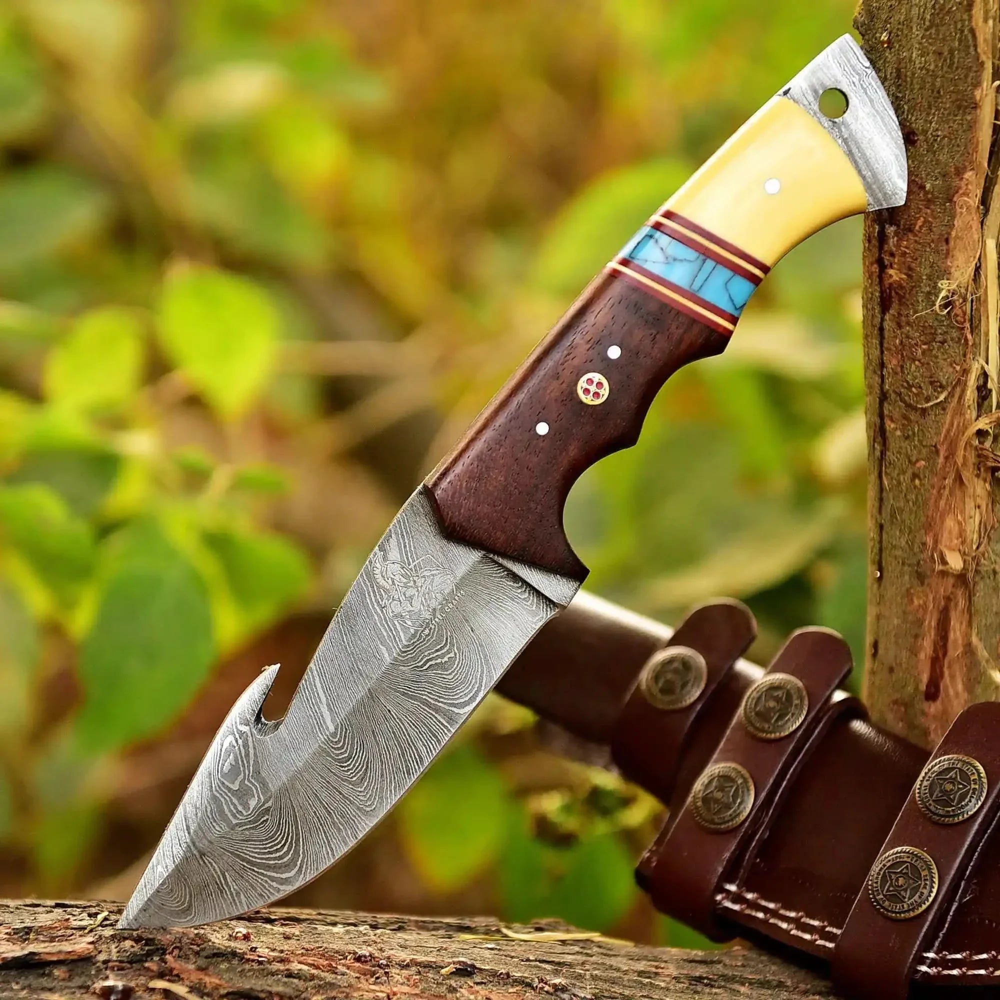 10-Inch Damascus Gut Hook Hunting Knife — Bone, Turquoise Resin & Rosewood Handle by JW SteelCrafts, Damascus knife main product photo
