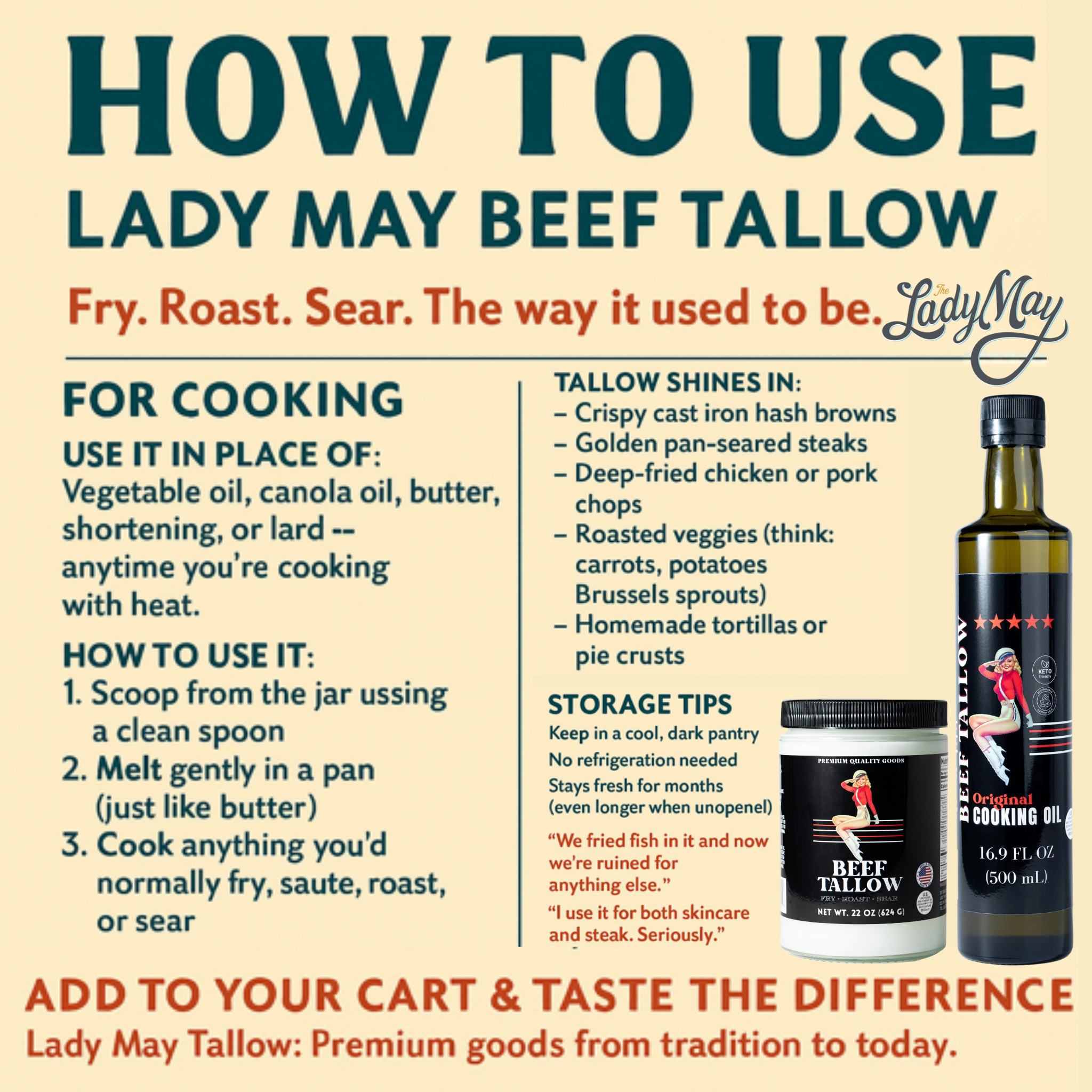 22oz Premium Grass-Fed Beef Tallow | Restaurant-Proven Cooking Fat | Seed Oil-Free by The Lady May, natural skincare detail photo 10