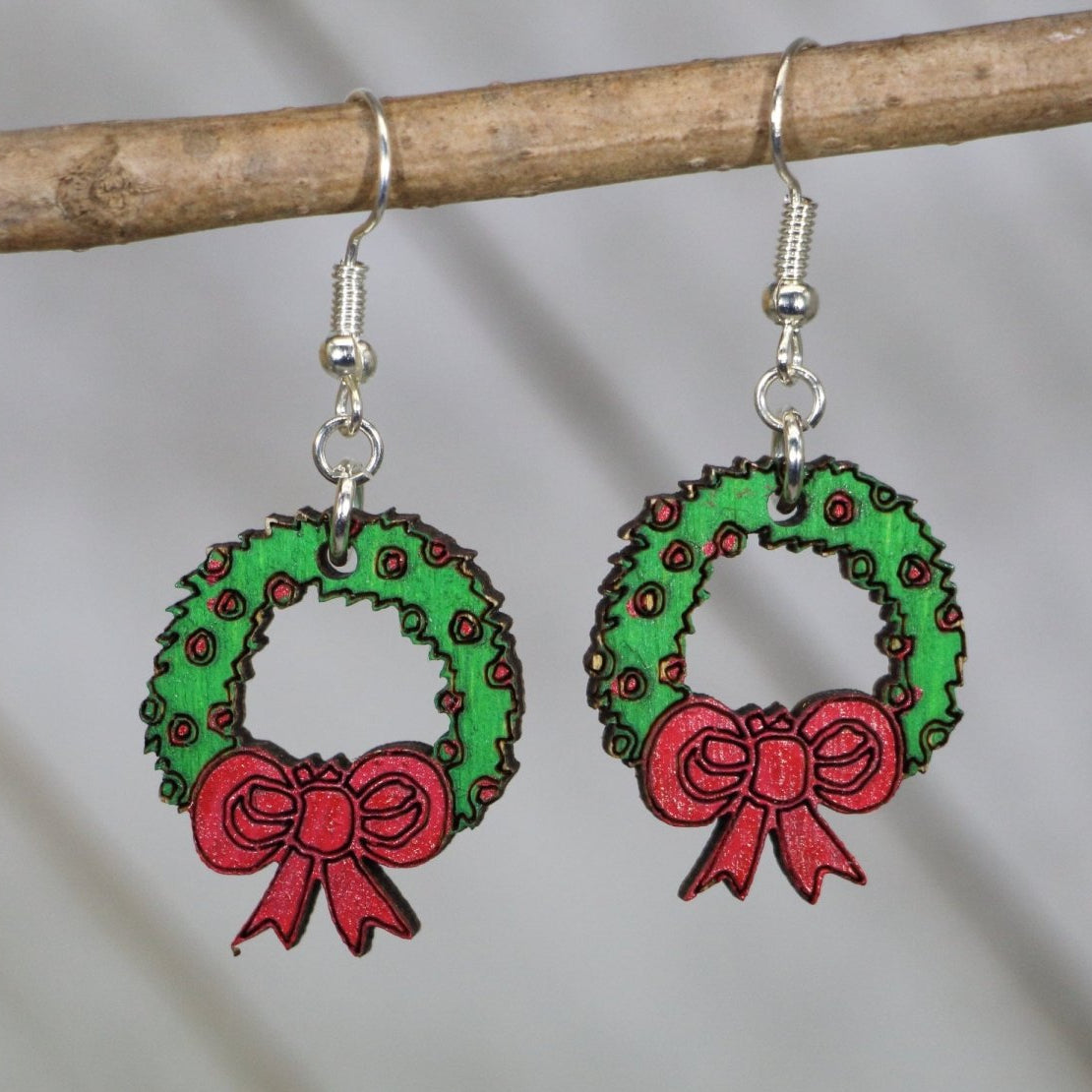 Christmas Wreath Wooden Dangle Earrings | Holiday Jewelry by Cate's Concepts, LLC, handmade jewelry main product photo