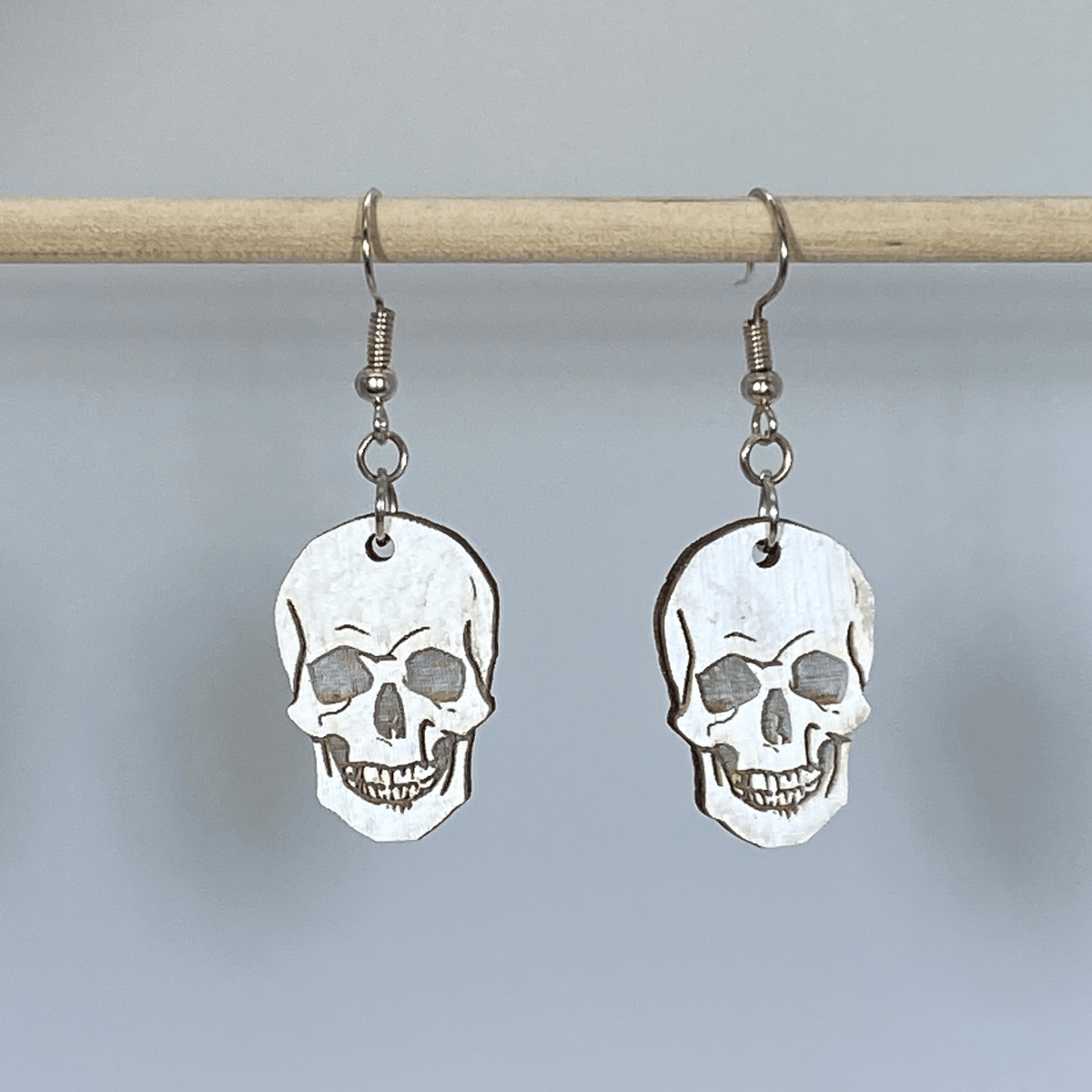 Human Skull Wooden Dangle Earrings | Gothic Halloween Jewelry by Cate's Concepts, LLC, handmade jewelry detail photo 4