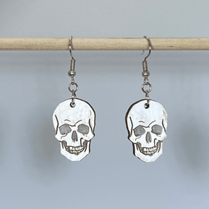 Human Skull Wooden Dangle Earrings | Gothic Halloween Jewelry by Cate's Concepts, LLC, handmade jewelry detail photo 4