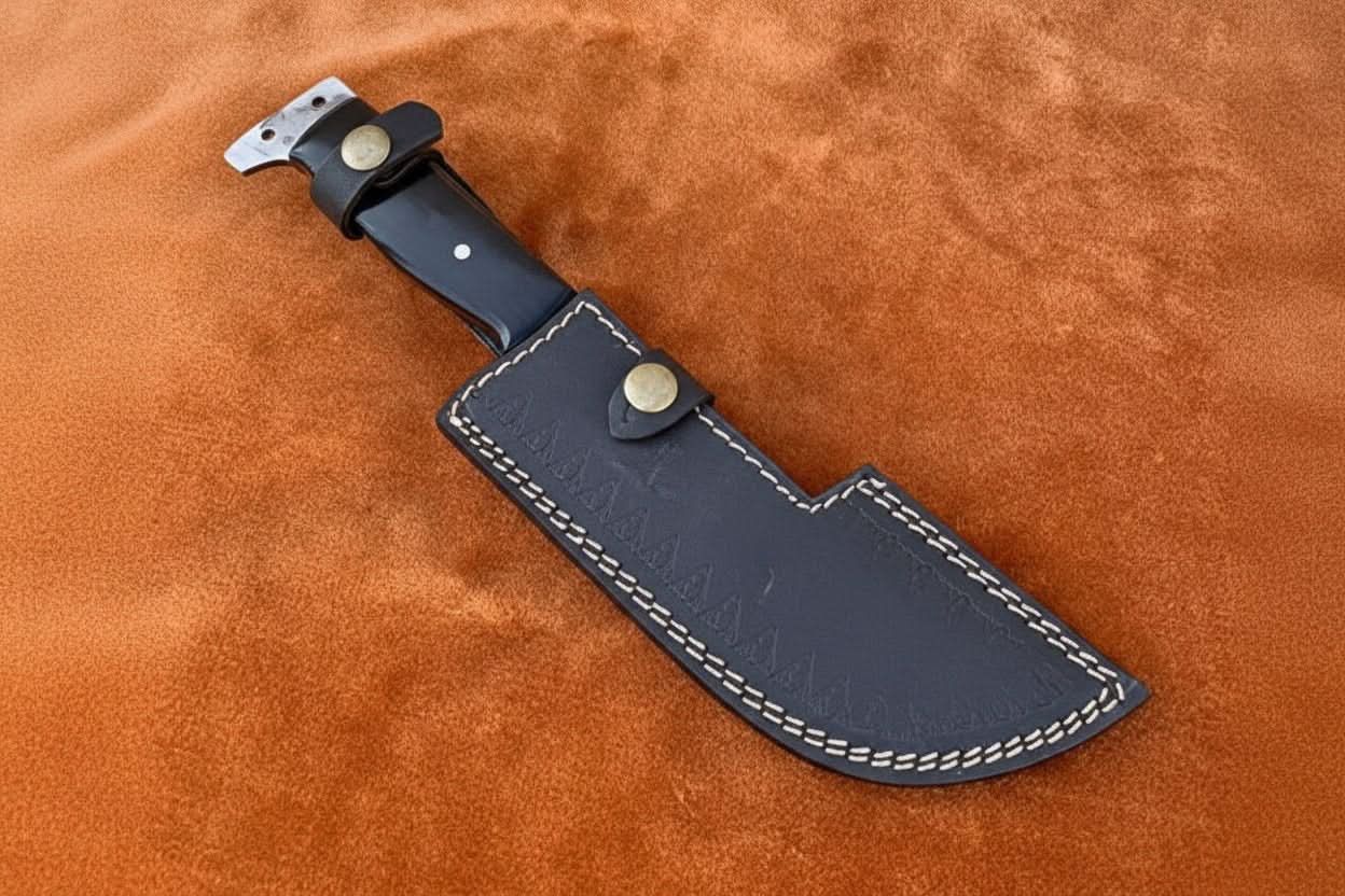 Hunting Knife Hunting 10.50" Tanto Style Knife with Buffalo Horn Handle with Sheath by JW SteelCrafts, leather knife sheath detail photo 3