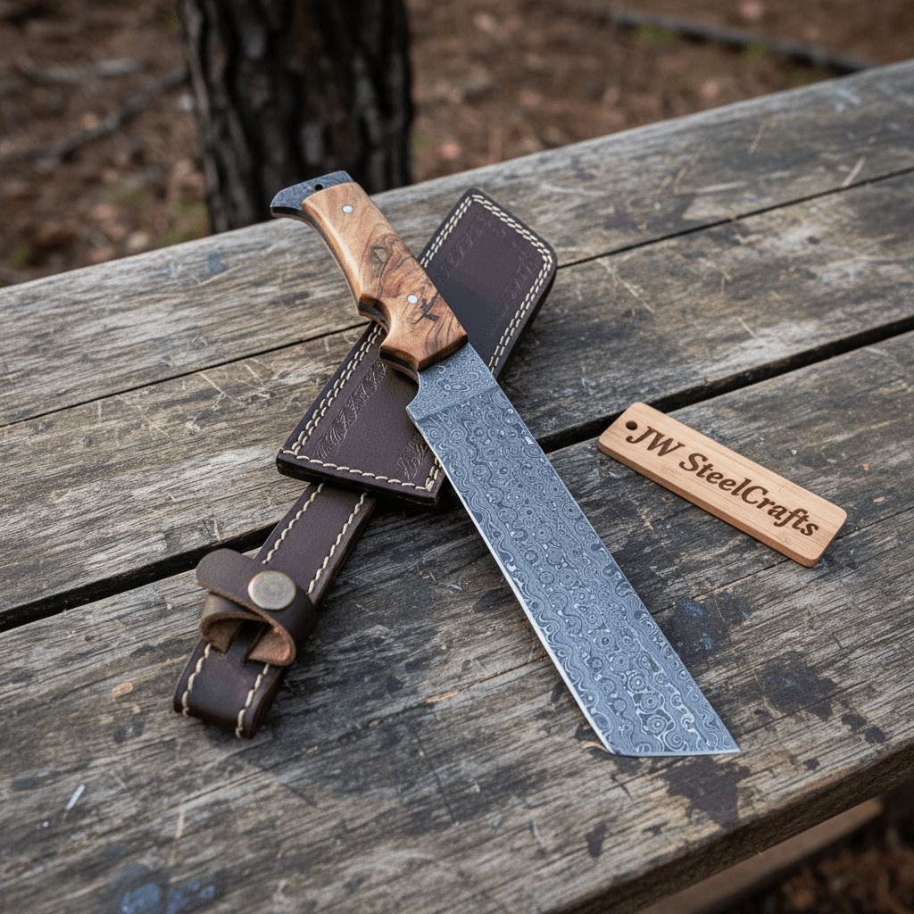 Hunting Knife Hunting 12" Tanto Knife with Olive Wood Handle with Sheath by JW SteelCrafts, leather knife sheath detail photo 4