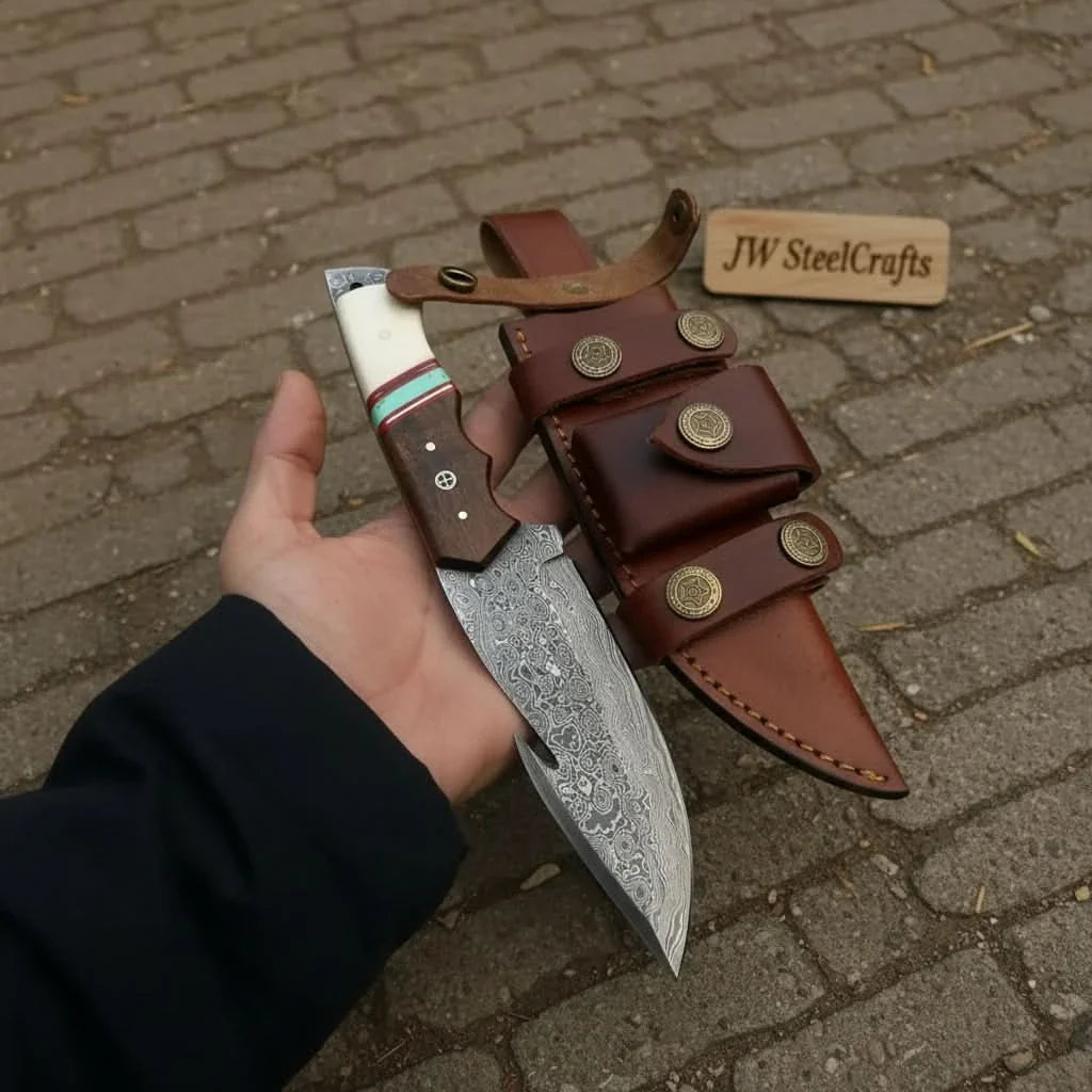 10-Inch Damascus Gut Hook Hunting Knife — Bone, Turquoise Resin & Rosewood Handle by JW SteelCrafts, Damascus knife detail photo 4
