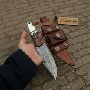 10-Inch Damascus Gut Hook Hunting Knife — Bone, Turquoise Resin & Rosewood Handle by JW SteelCrafts, Damascus knife detail photo 4