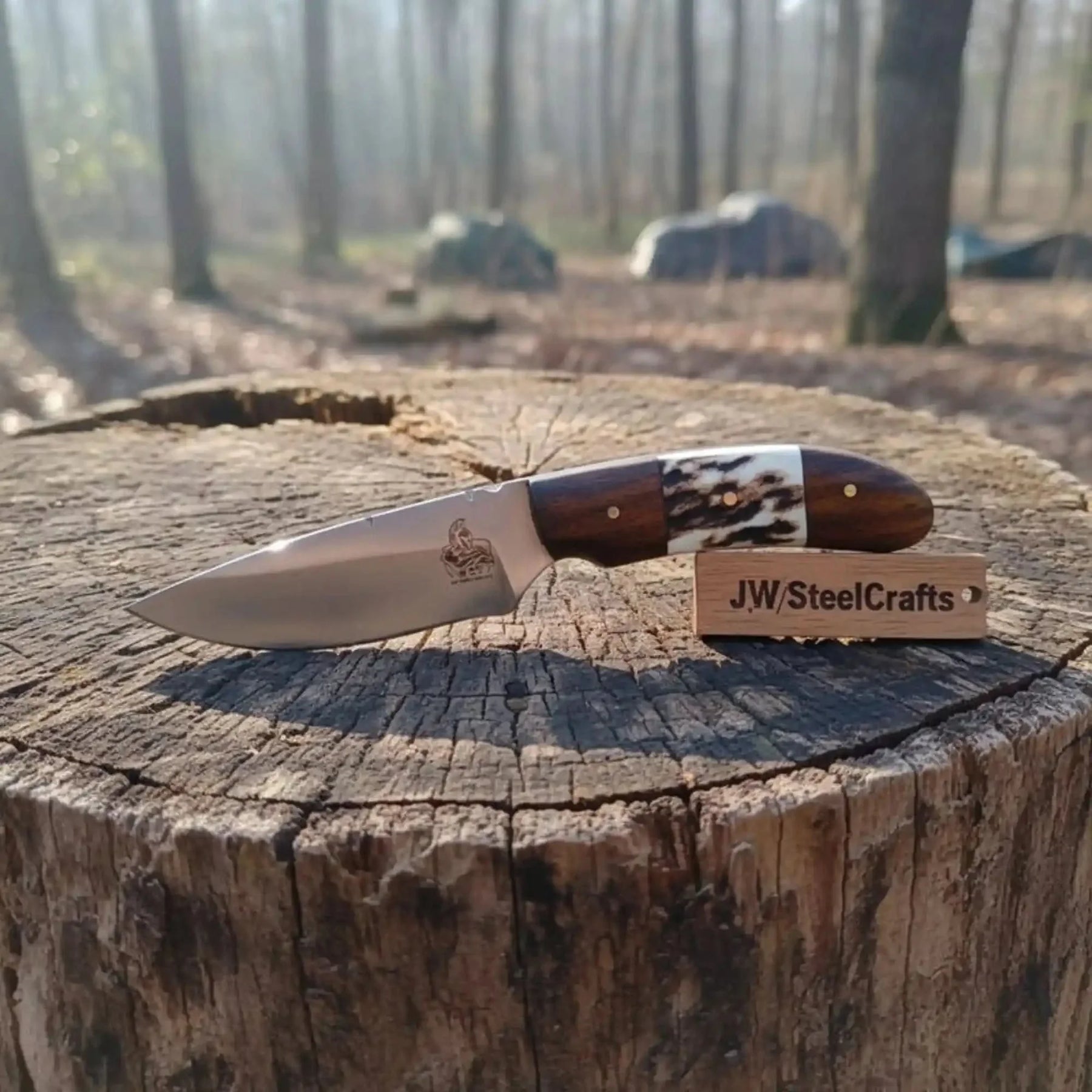 Custom Skinner Knife Deer Antler Rosewood Handle by JW SteelCrafts, Damascus knife main product photo