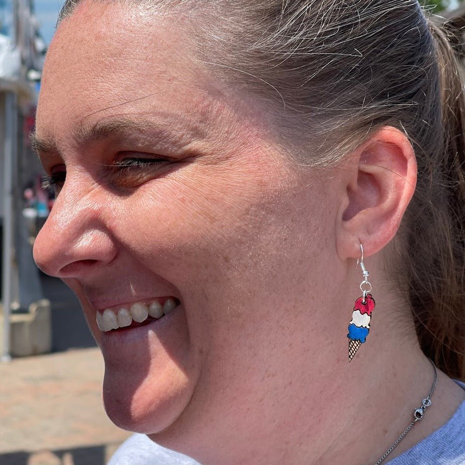 Ice Cream Cone Wooden Dangle Earrings | Sweet Treat Jewelry detail view by Cate's Concepts, LLC