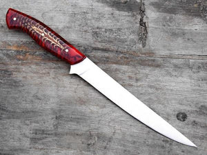 Handmade D2 Steel Fillet Fishing Knife — Red Resin Pinecone Handle