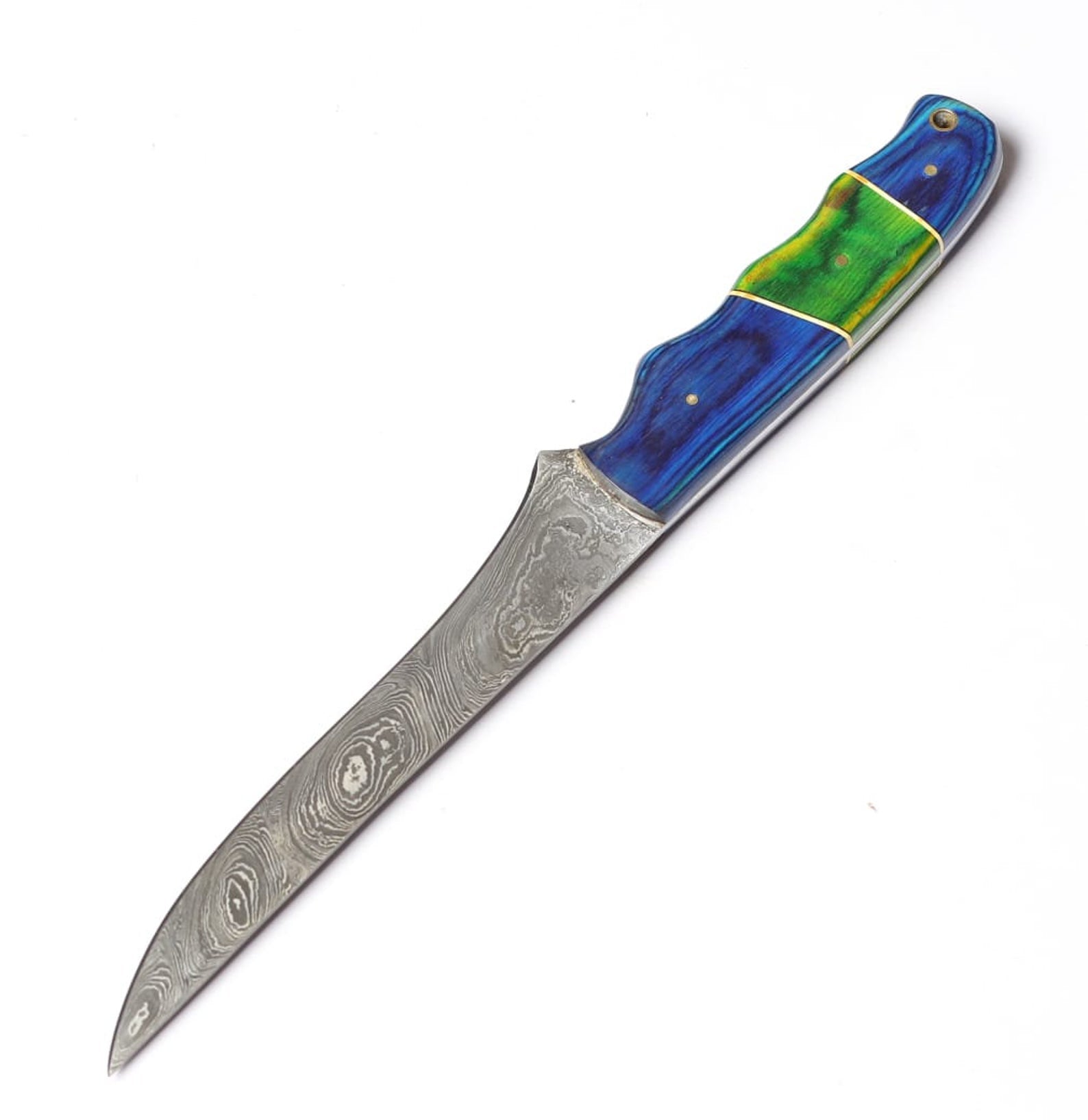 Handmade Damascus Steel Fillet Fishing Knife — Blue, Green Color Exotic Wood Handle
