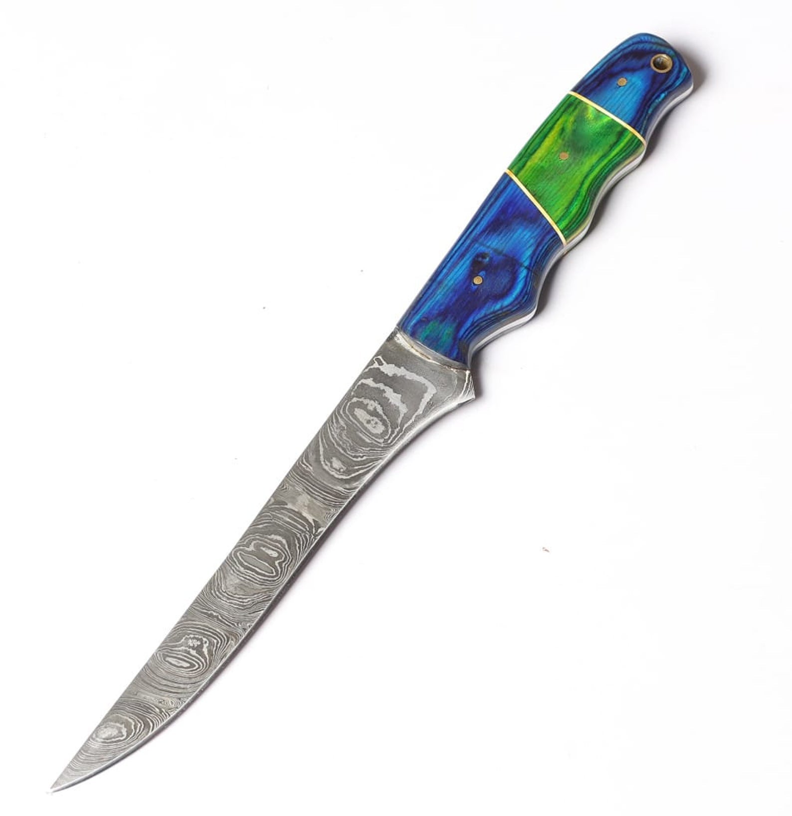 Handmade Damascus Steel Fillet Fishing Knife — Blue, Green Color Exotic Wood Handle