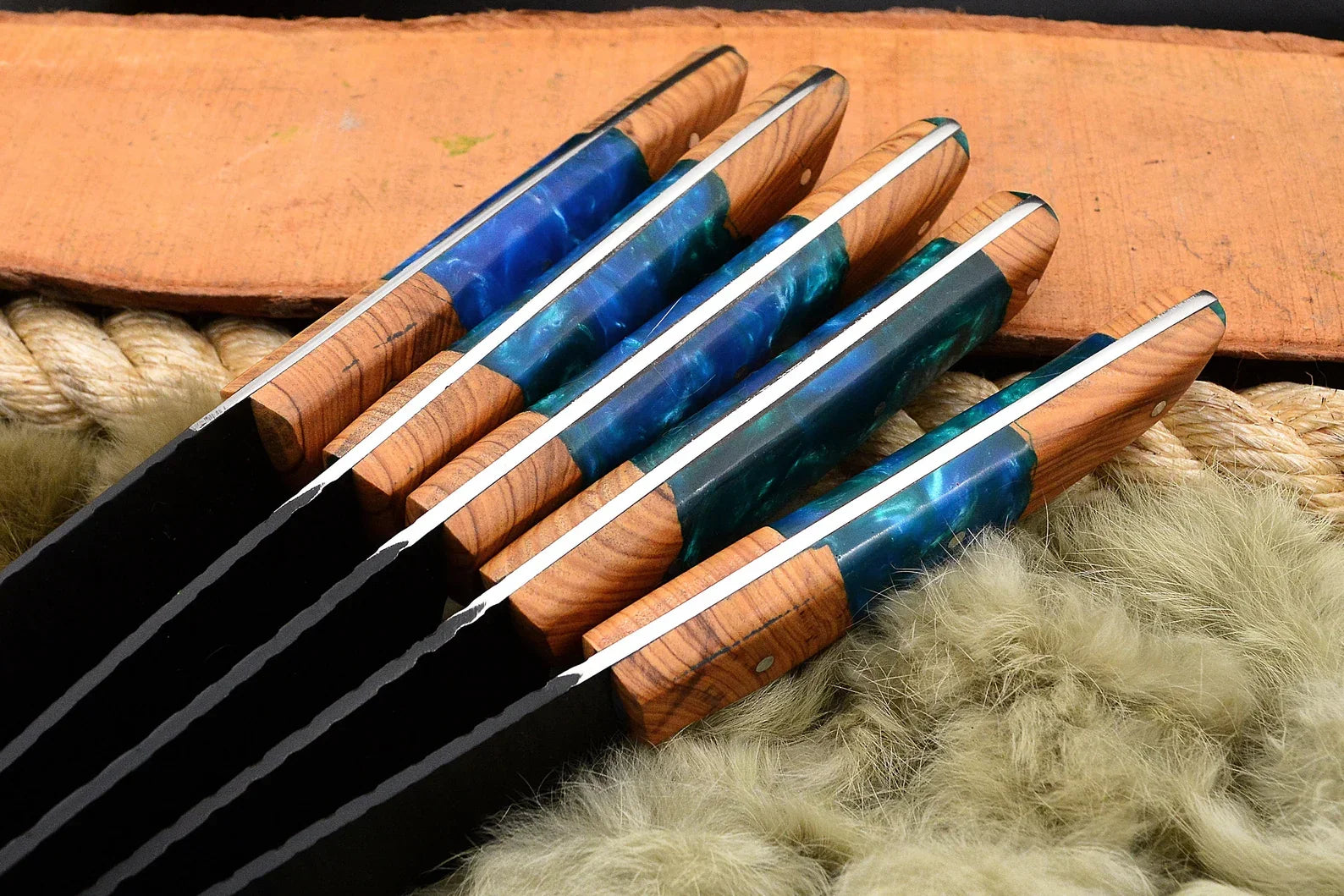 Black Coated Chef Knife Set | 5-Piece | 1095 Steel | Olive Wood & Blue Resin Handle