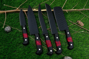 Black Coated Chef Knife Set | 5-Piece | 1095 Steel | Wenge Wood & Resin Handle