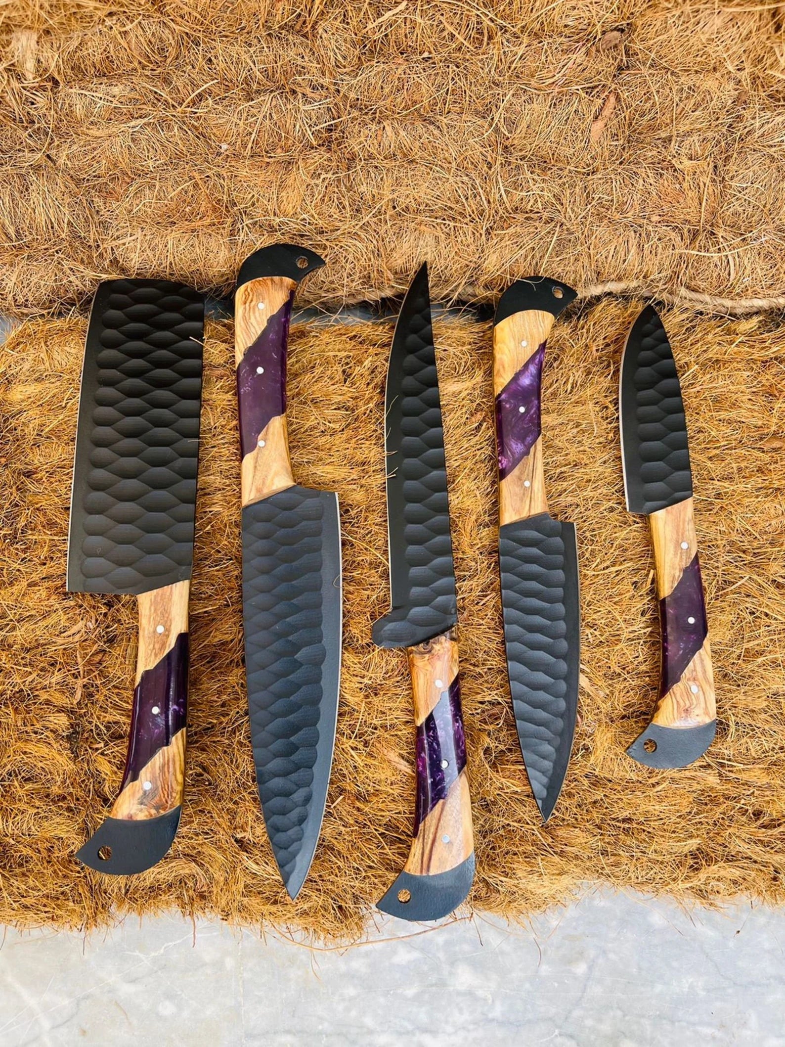 Black Coated Chef Knife Set | 5-Piece | 1095 Steel | Olive Wood & Purple Resin Handle