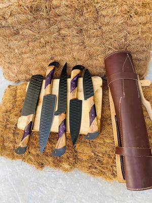Black Coated Chef Knife Set | 5-Piece | 1095 Steel | Olive Wood & Purple Resin Handle