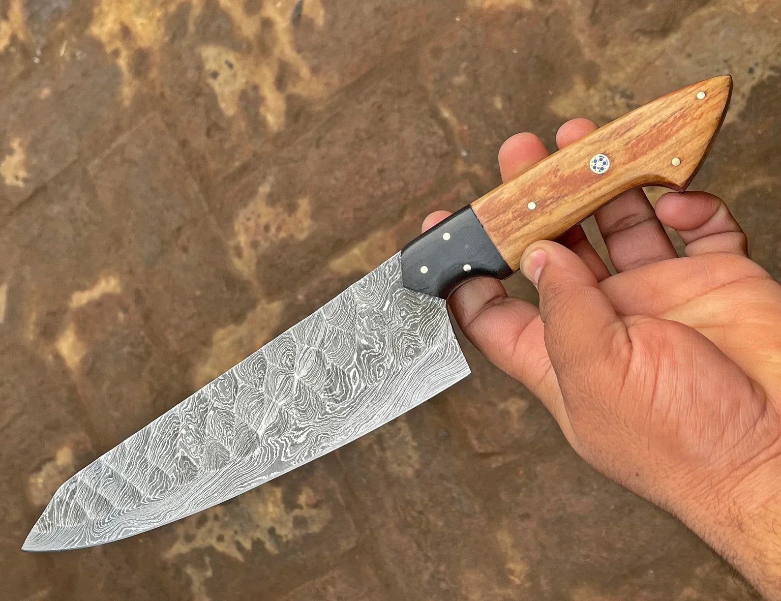 Damascus Chef Knife | 12.5" | Twist Pattern Damascus Steel | Olive Wood & G10 Handle | Leather Sheath