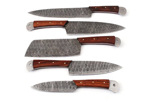 Damascus Chef Knife Set | 5-Piece | Twist Pattern | Rose Wood Handle