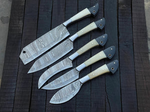 Damascus Chef Knife Set | 5-Piece | Twist Pattern | Camel Bone, Buffalo Horn & Steel Bolster