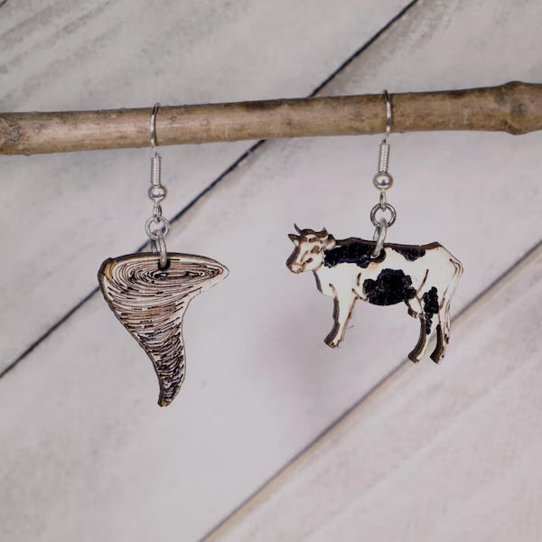 Cow and Tornado Wooden Earrings | Funny Weather Storm Jewelry detail view by Cate's Concepts, LLC
