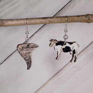Cow and Tornado Wooden Earrings | Funny Weather Storm Jewelry detail view by Cate's Concepts, LLC