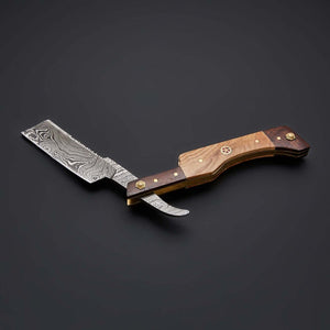 Handmade Damascus Steel Straight Folding Razor — Rose Wood & Olive Wood Handle
