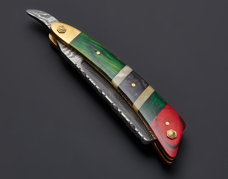Handmade Damascus Steel Straight Folding Razor — Exotic Wood & Camel Bone Handle