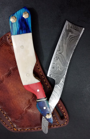 Handmade Damascus Steel Straight Folding Razor — Camel Bone & Red, Blue Exotic Wood Handle