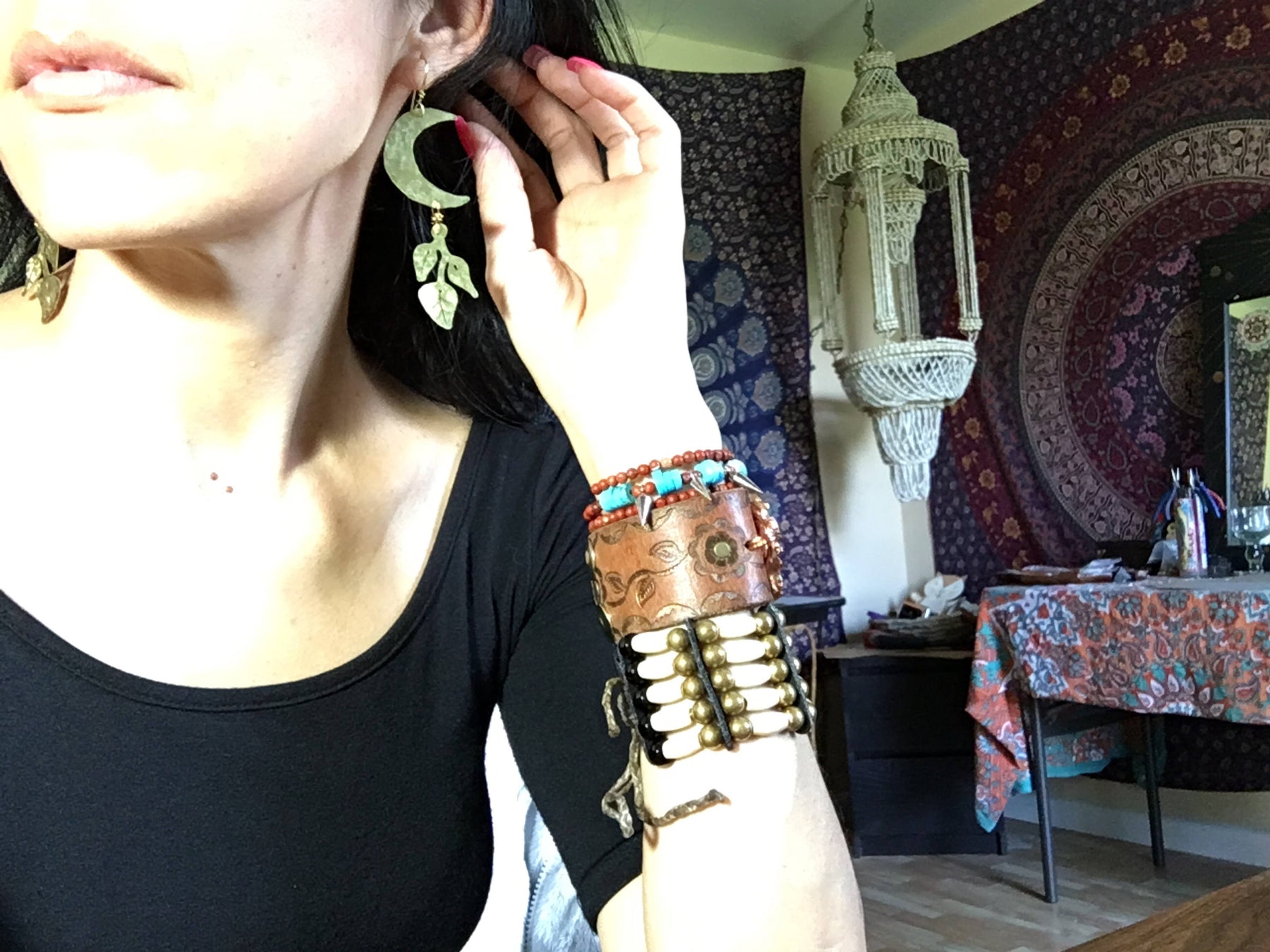 Handmade Crescent Moon Earrings: Hammered Brass Lunar Plant Jewelry