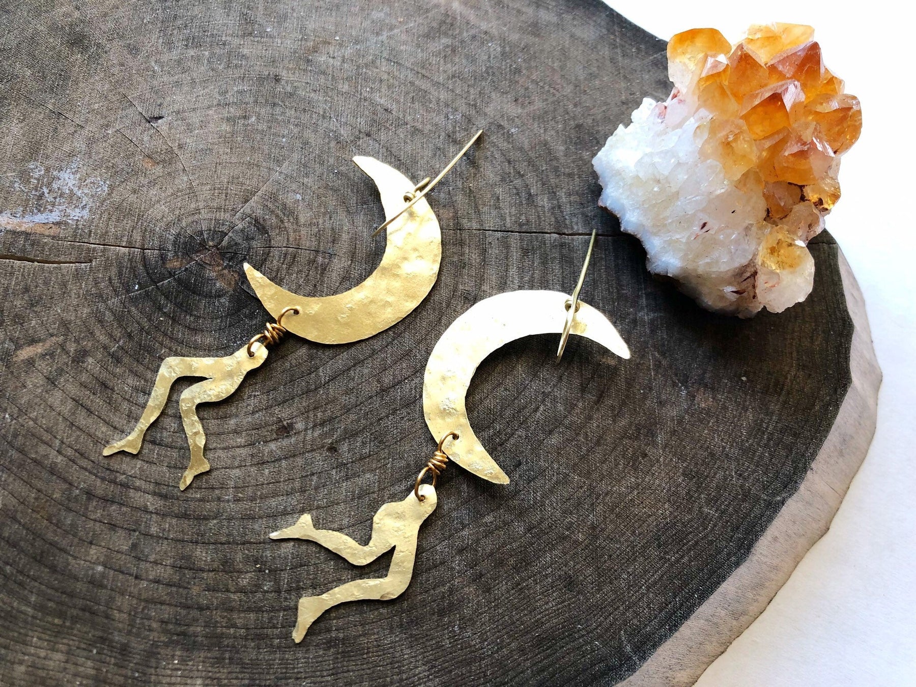 Handmade Crescent Moon Leg Earrings: Brass Lunar Jewelry, leggy Luna earrings
