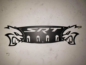Dodge SRT Hellcat 4-Hook Steel Rack – Dual Hellcat Heads Wall Organizer 12"x4" SRT Text detail view by Martin Metalwork LLC