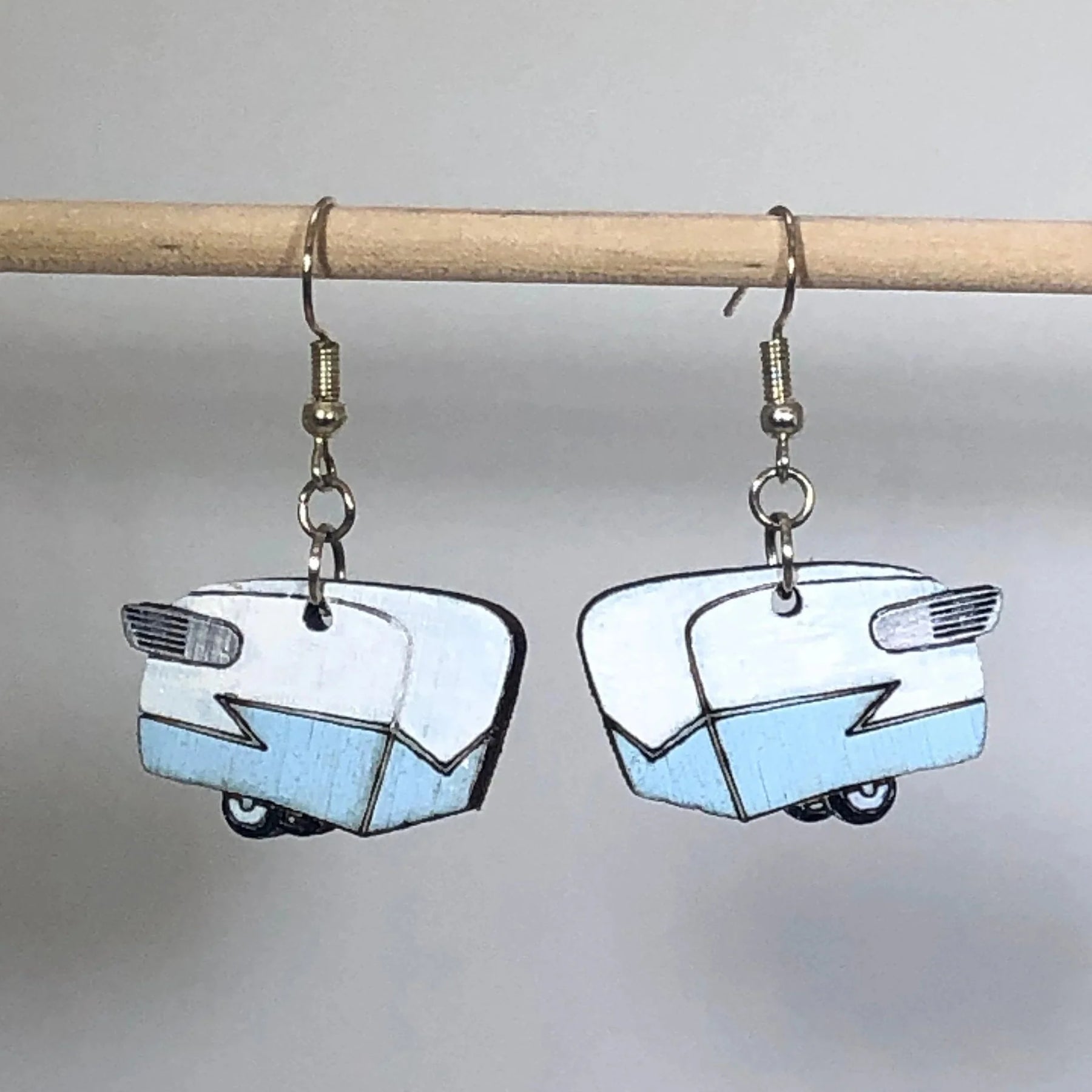 Shasta Camper Wooden Earrings | Retro Travel Trailer Jewelry detail view by Cate's Concepts, LLC