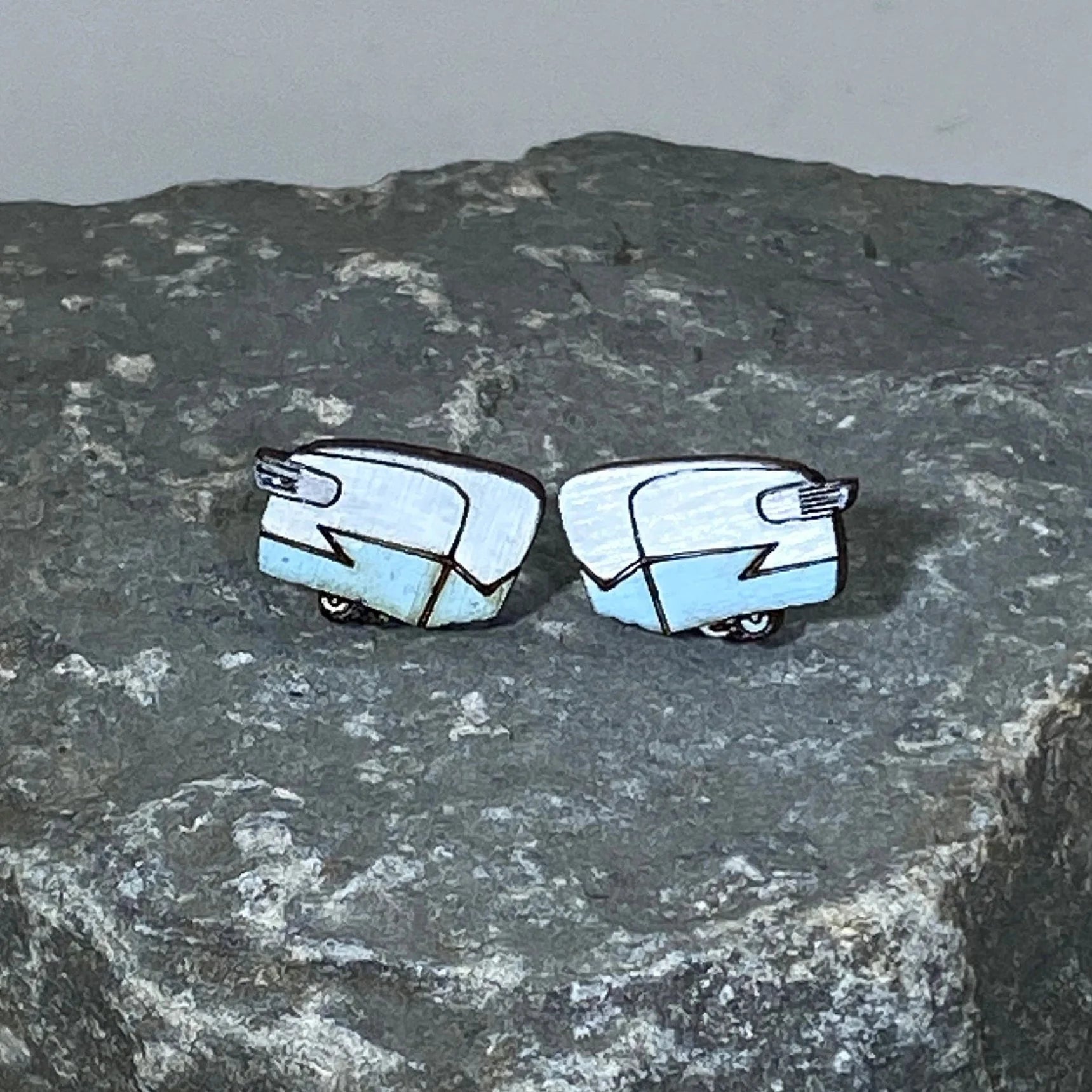 Shasta Camper Wooden Earrings | Retro Travel Trailer Jewelry detail view by Cate's Concepts, LLC