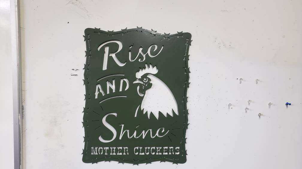 Rise and Shine Mother Cluckers Metal Sign – Rooster or Hen Design – Funny Farmhouse Wall Art with Barbed Wire Edge – 18"x14"