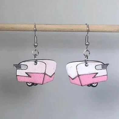 Shasta Camper Wooden Earrings | Retro Travel Trailer Jewelry detail view by Cate's Concepts, LLC