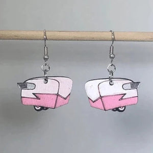 Shasta Camper Wooden Earrings | Retro Travel Trailer Jewelry detail view by Cate's Concepts, LLC