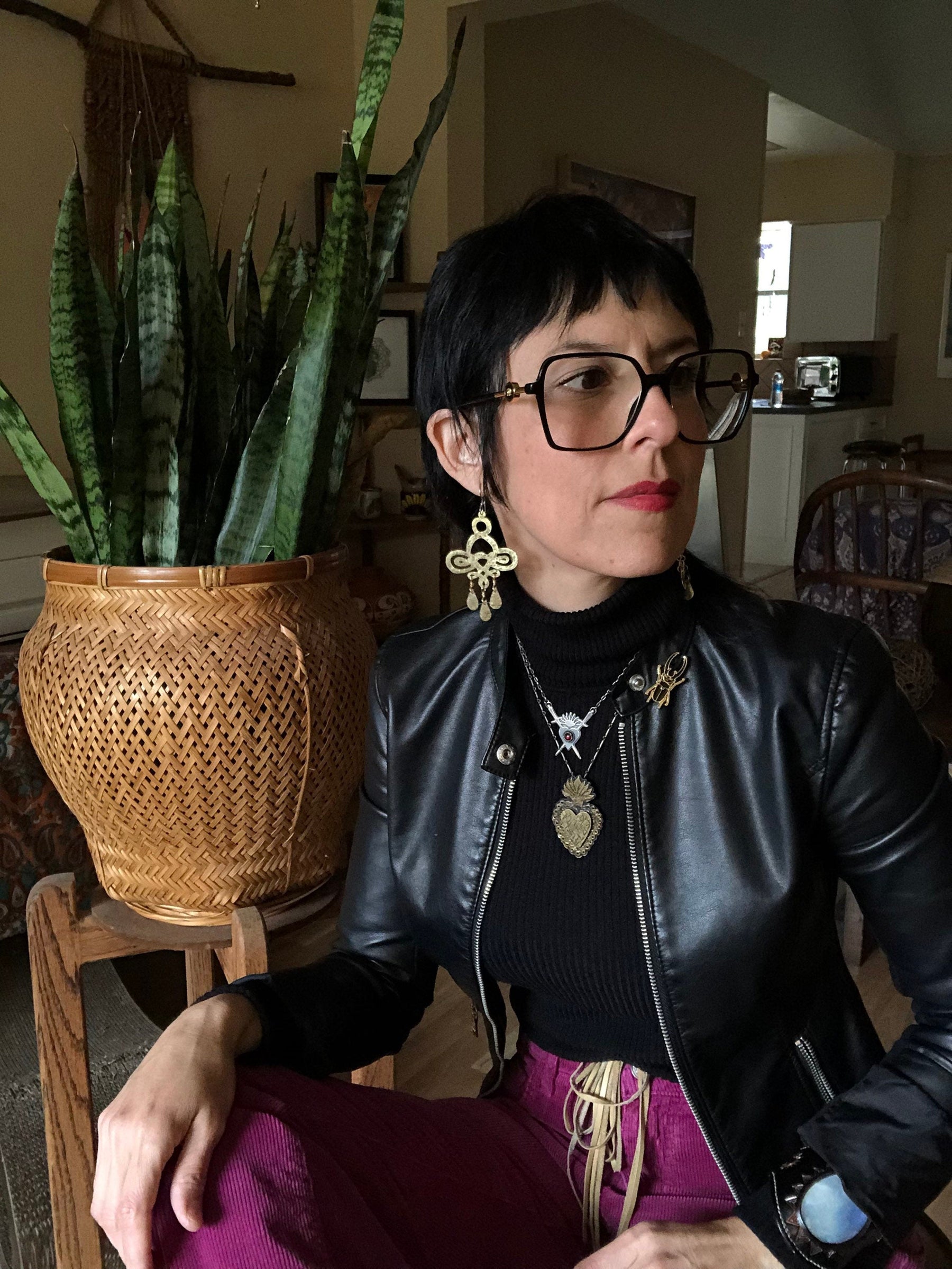 Handmade Hammered Brass Chandelier Earrings: Large Scroll Design