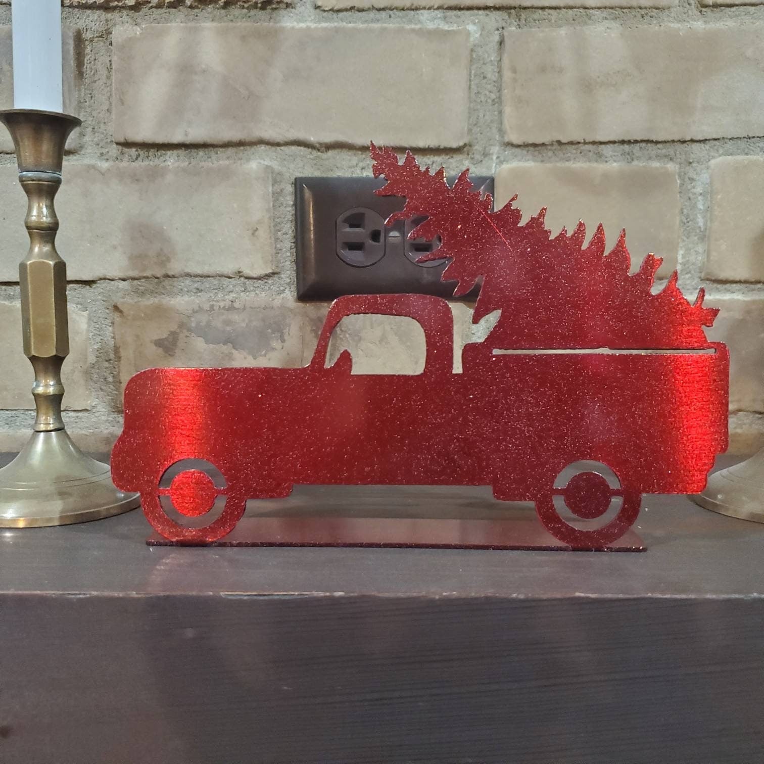 Red Christmas Truck Freestanding Mantle Decor – Vintage Holiday Metal Art Display
