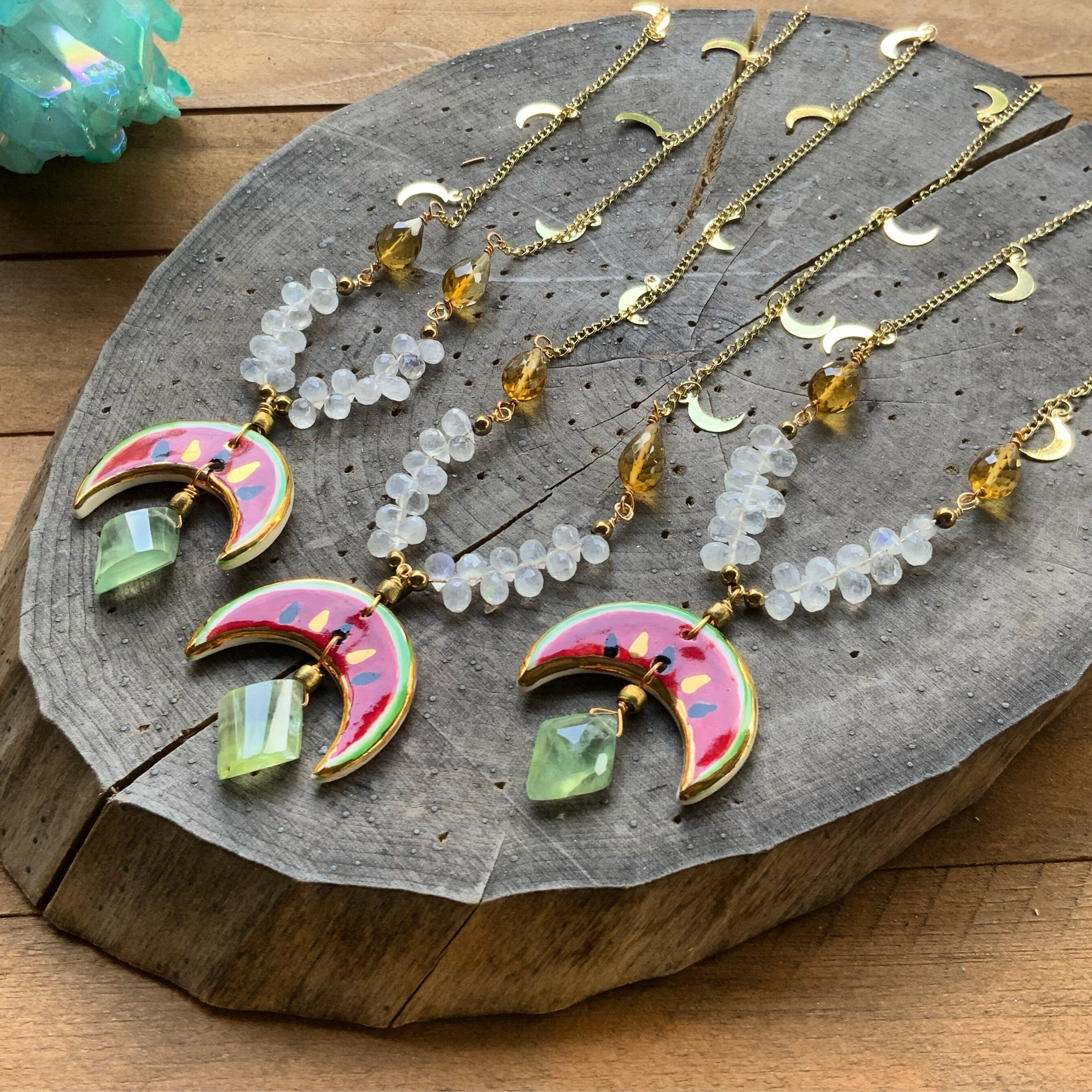 Handmade Ceramic Watermelon Necklace: Moonstone, Citrine & Prehnite