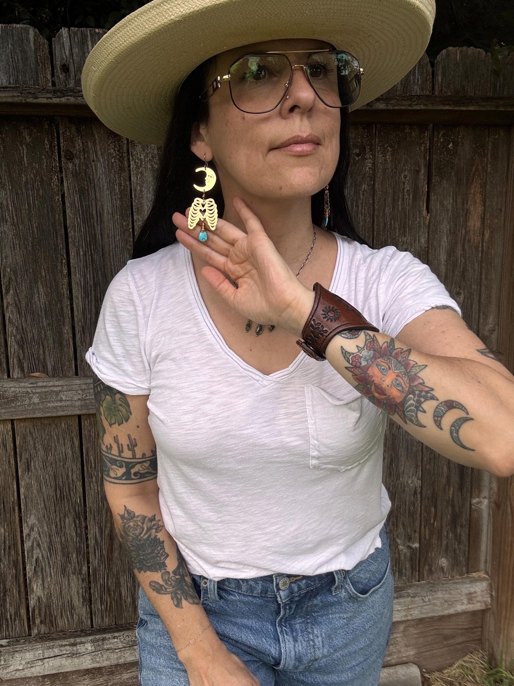 Hammered Brass Crescent Moon Rib Cage Earrings: Turquoise Ex-Voto Luna