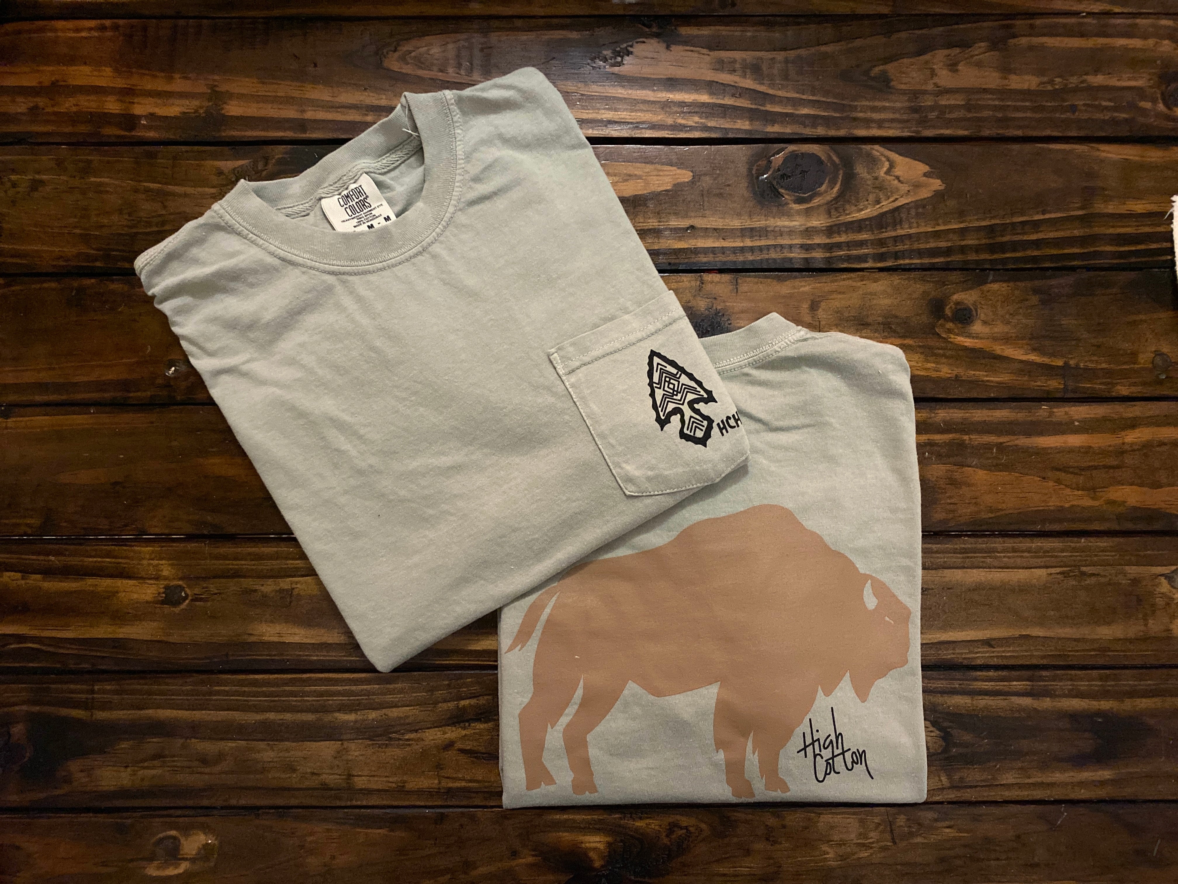 Buffalo Sandstone Comfort Colors Pocket Tee by High Cotton Hat Co in Texas