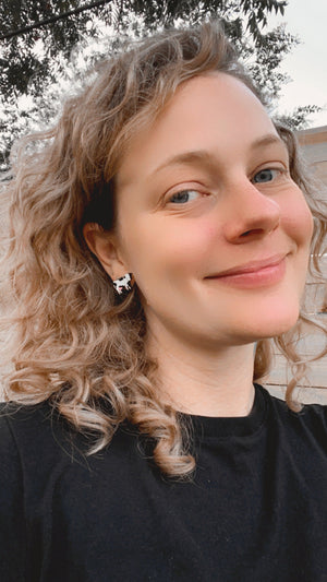 Additional view of Cow Stud Earrings, 2 Colors Available hand painted on lightweight wood by LE CHIC MIAMI