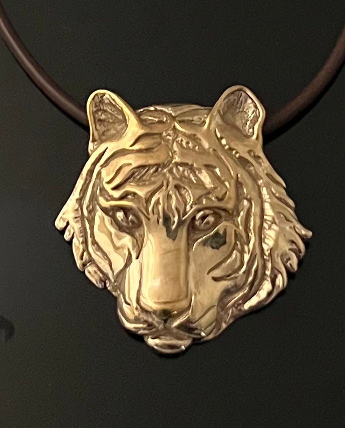Bronze Tiger Pendant on 18 Inch Leather Cord by Anisa Jewelry