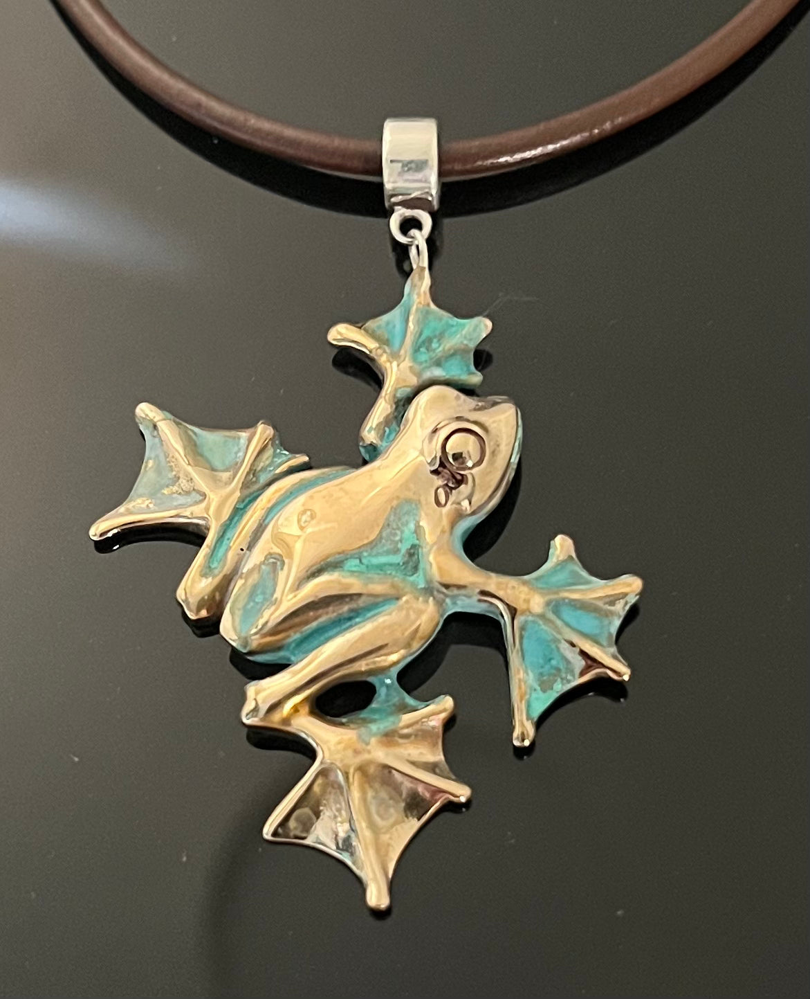 Bronze Flying Frog Pendant with Verde Patina by Anisa Jewelry