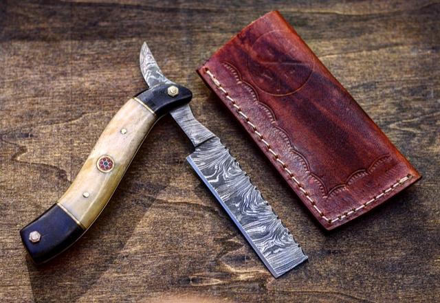 Handmade Damascus Steel Straight Folding Razor — Camel Bone & Buffalo Horn Handle